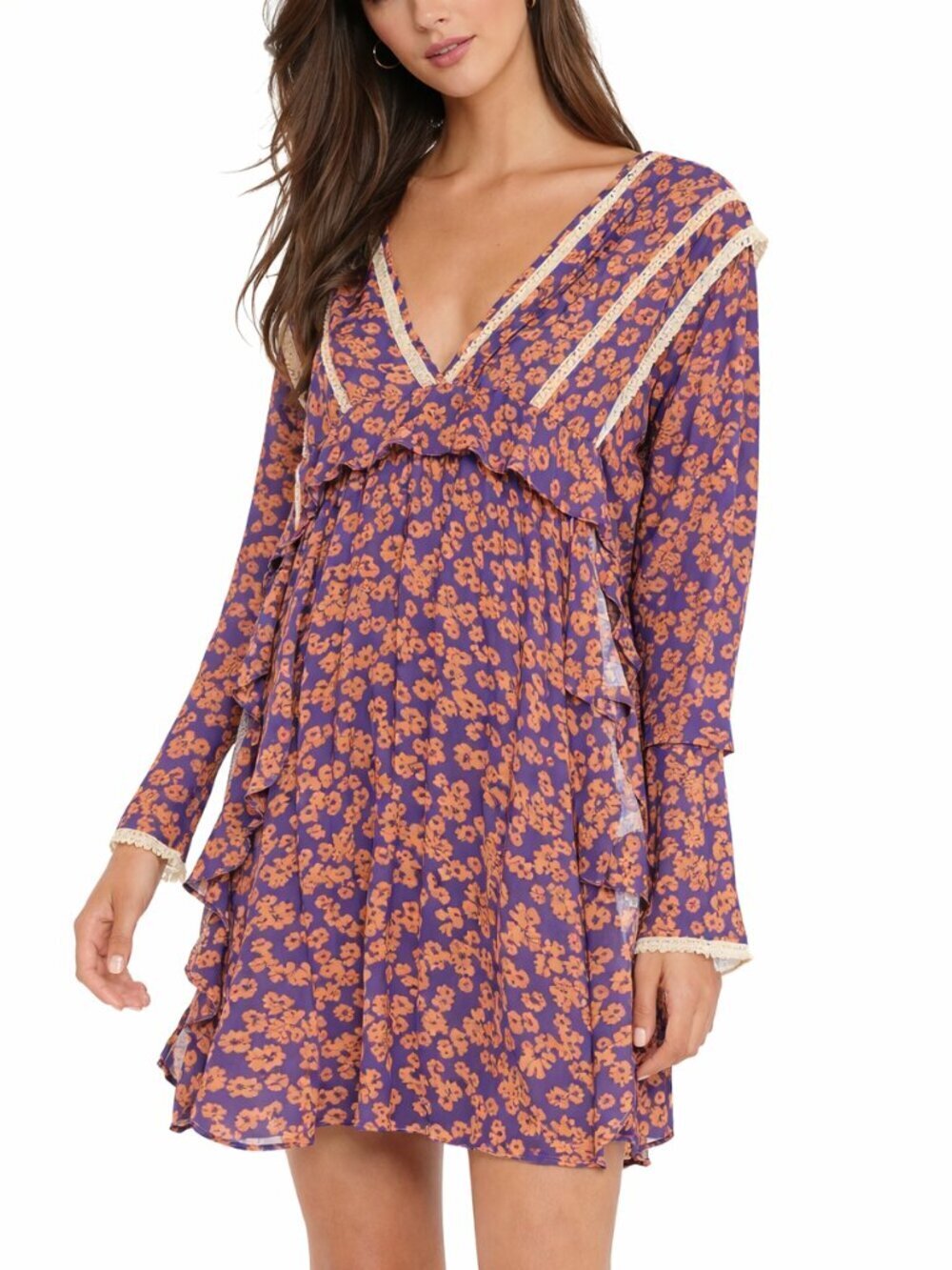 Free People Purple Floral Boho Mini Dress Ruffle Bell Sleeve Cottagecore